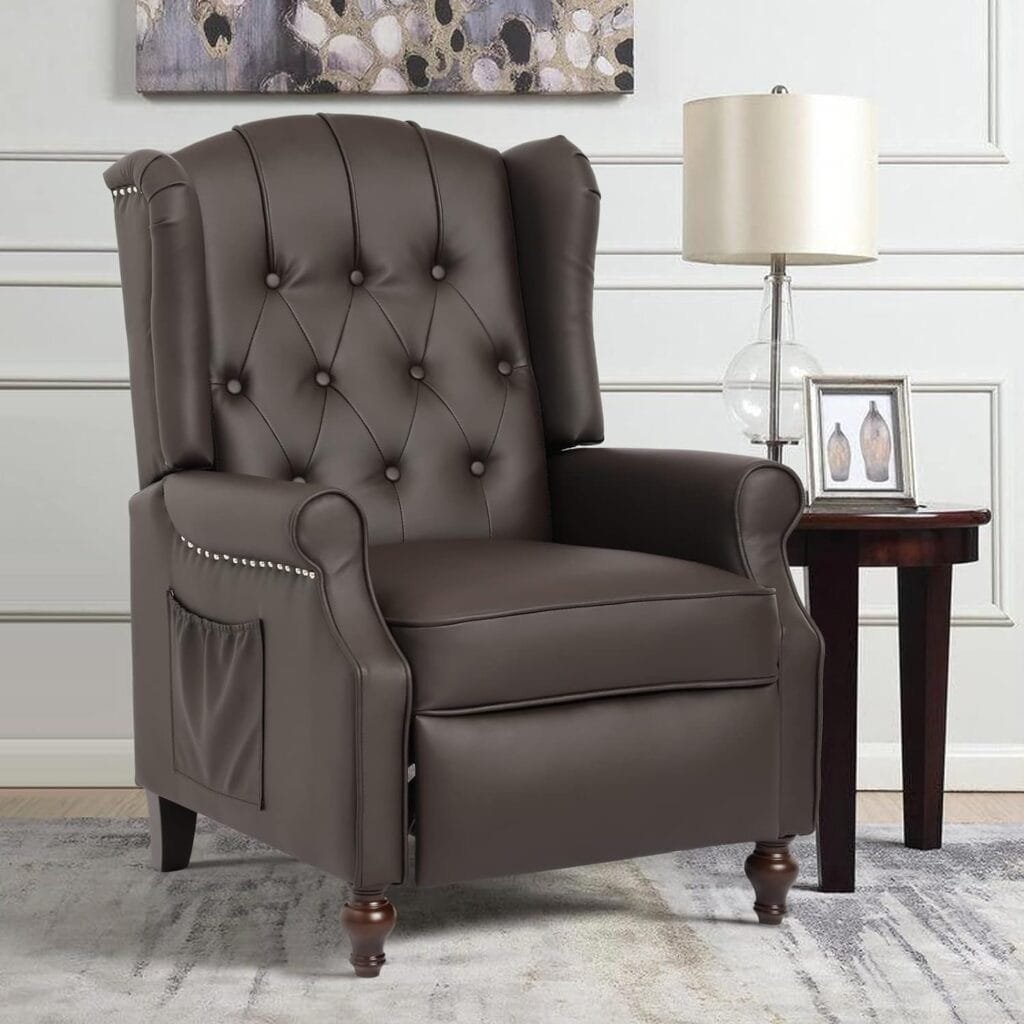 Houjud Wingback Recliner Chair Accent Chair-Elizabeth Tufted Upholstered Club Chair Recliner with Vibration Massage Heating, Side Pockets, Vintage Style Recliner Chairs for Living Room (1, PU-Brown)
