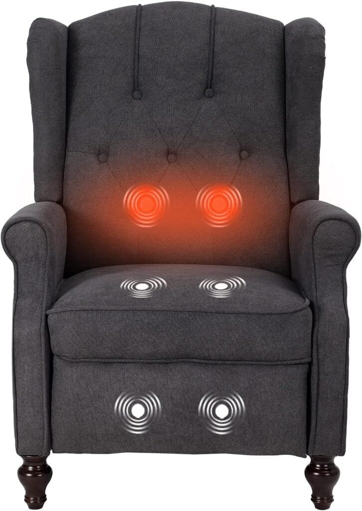 Houjud Wingback Recliner Chair Accent Chair-Elizabeth Tufted Upholstered Club Chair Recliner with Vibration Massage Heating, Side Pockets, Vintage Style Recliner Chairs for Living Room (1, PU-Brown)