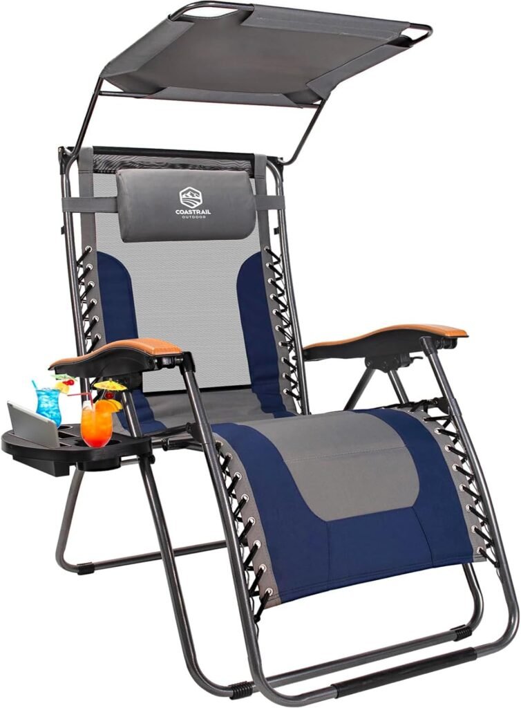 HUEZOE Zero Gravity Chair Premium Reclining Lounger with Sun Shade, Padded Seat, Mesh Back, Pillow, Cup Holder  Side Table for Sports Yard Patio Lawn Camping, Support 400lbs Navy/Grey