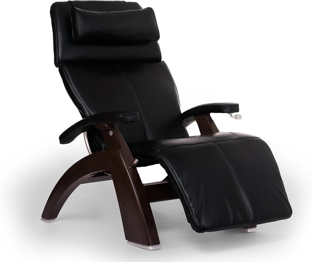 Human Touch PC-420 Live Perfect Chair Manual Dark Walnut Zero-Gravity Recliner Fluid-Cell Cushion Memory Foam Jade Heat - Black Premium Leather - in-Home White Glove Delivery