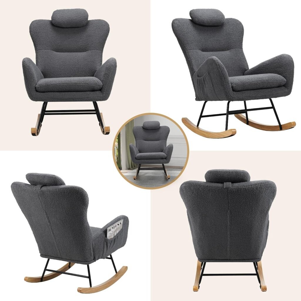 IdeaKey Nursery Rocking Chair, Modern Glider Rocker Chair for Baby Nursery, Upholstered Accent Chair with Side Pocket  Soft Pillow, Teddy Fabric Sherpa Armchair for Bedroom Living Room, Grey