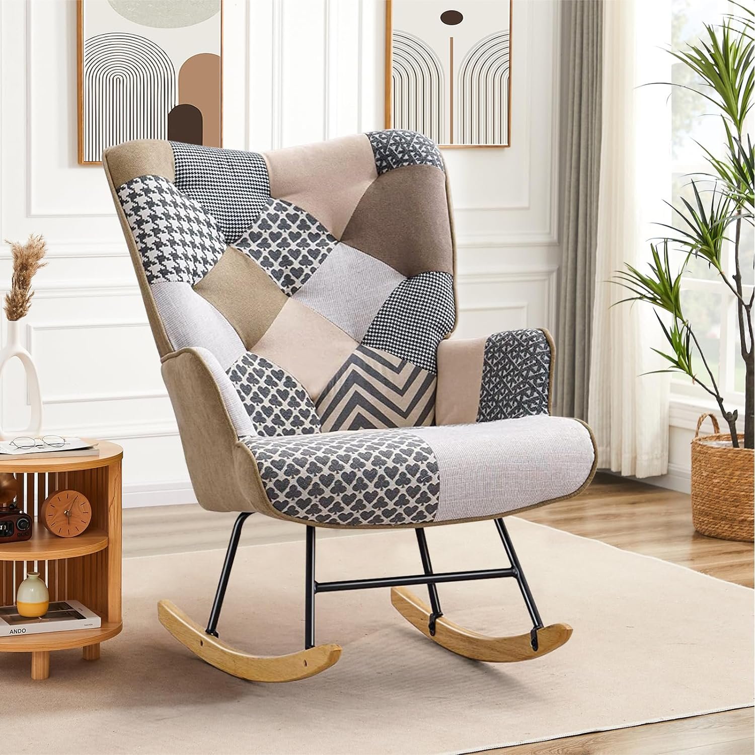 IDEALISMLIVING Rocking Chair, Boho Design Nursery Glider Rocker with Linen Fabric, Solid Wood Base, Rocking Armchair for Living Room, Bedroom, Baby Room