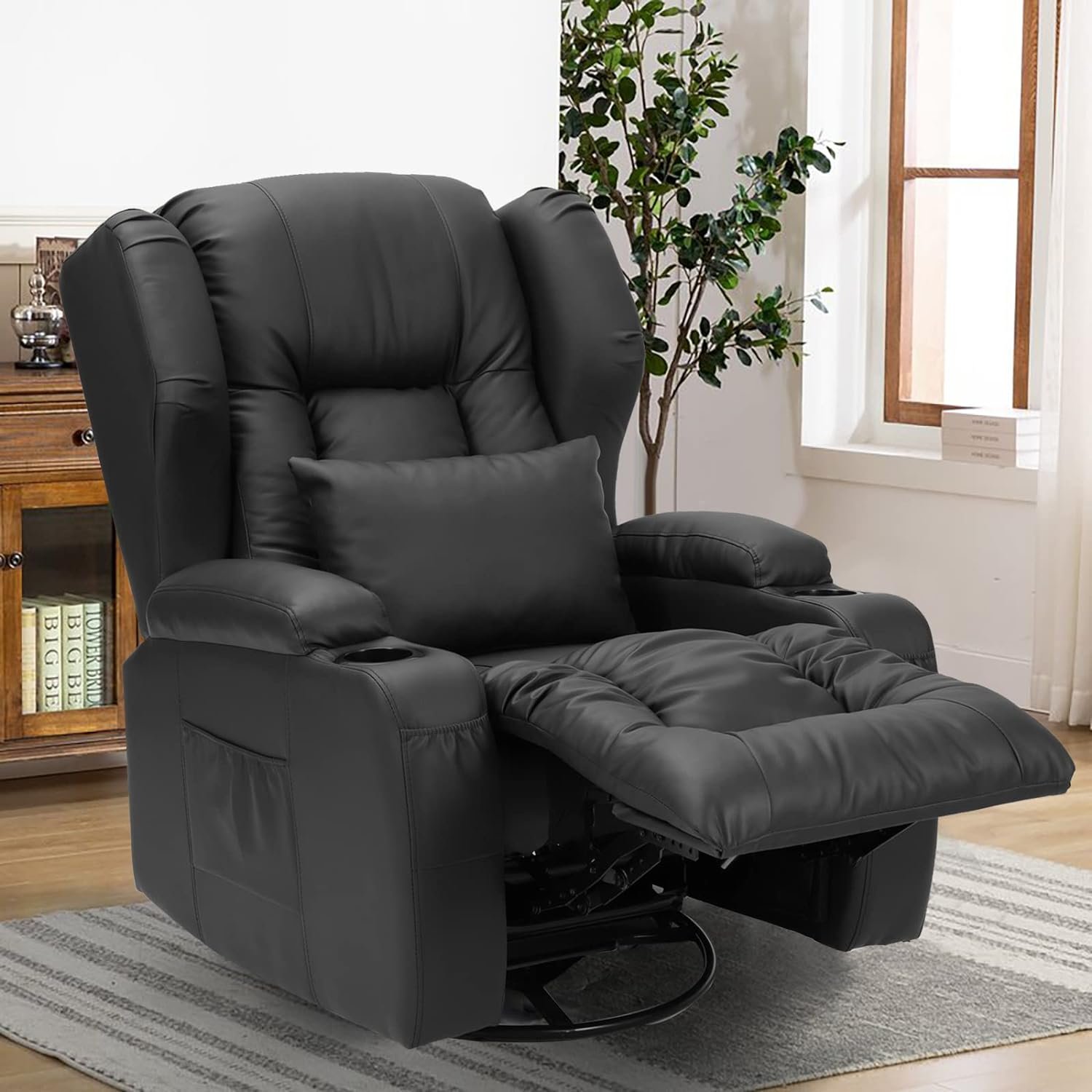 IPKIG Manual Recliner Chair for Adult - Swivel Rocker Recliner Chairs, Living Room Recliner Classic Single Sofa with Cup Holders, Side Pockets and Lumbar Pillow Home Theater Seat Rocking Chair (Black)