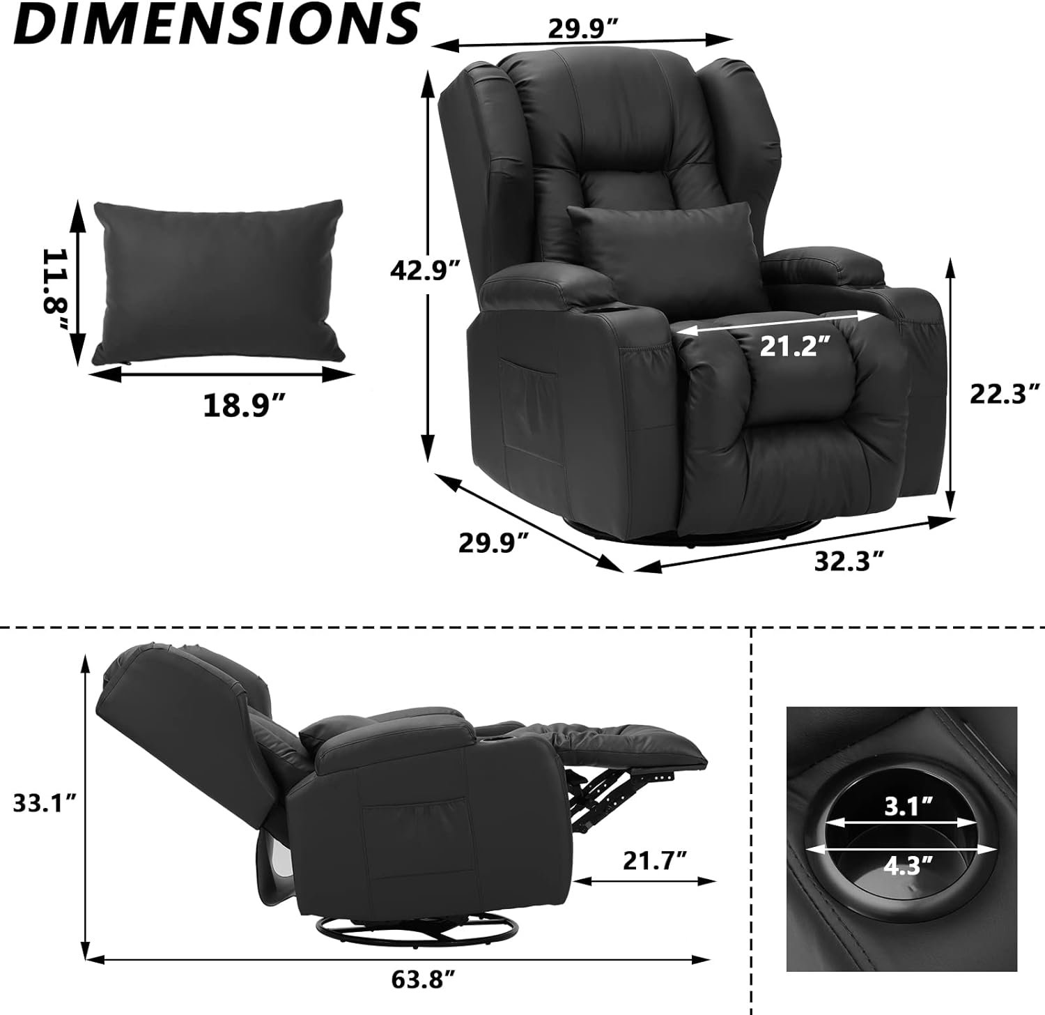 IPKIG Manual Recliner Chair for Adult - Swivel Rocker Recliner Chairs, Living Room Recliner Classic Single Sofa with Cup Holders, Side Pockets and Lumbar Pillow Home Theater Seat Rocking Chair (Black)