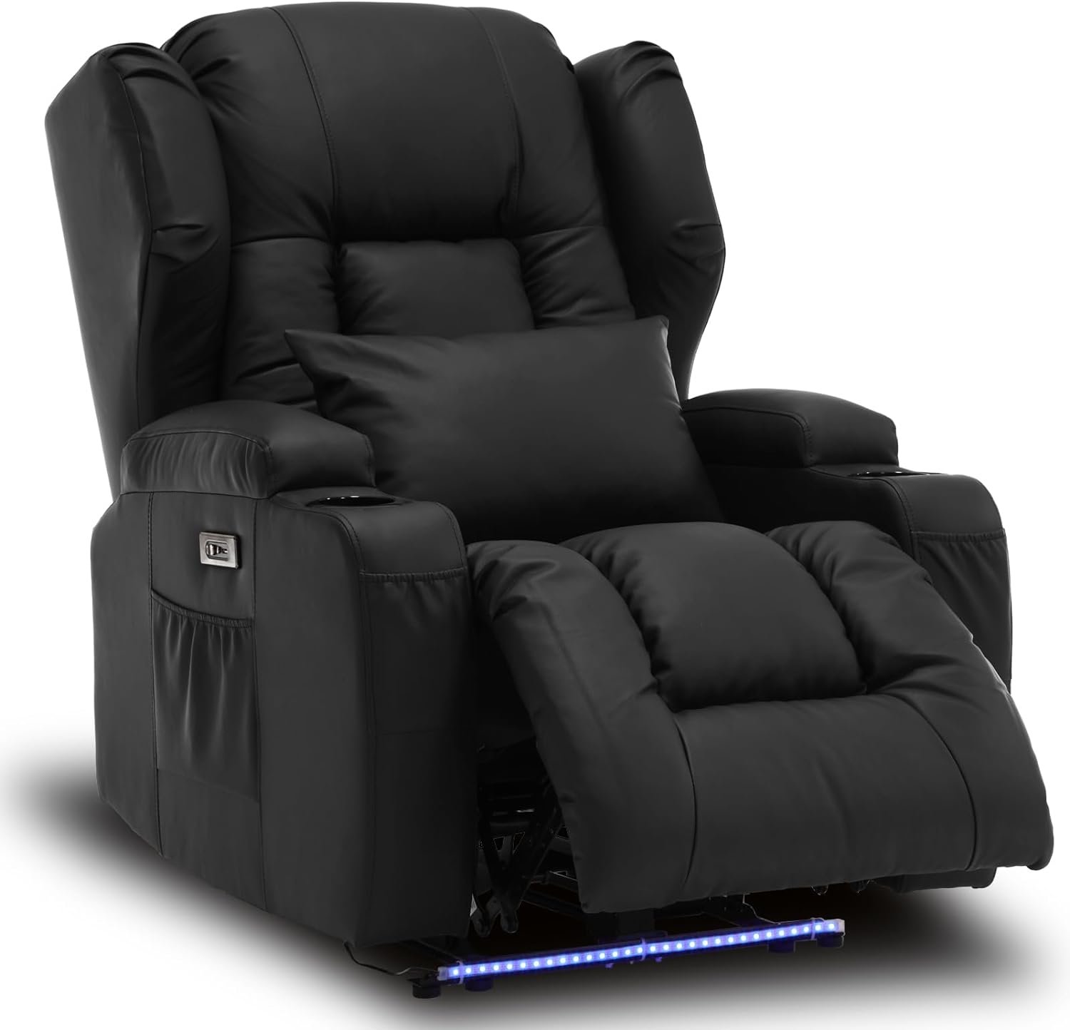 IPKIG Power Recliner Chair with LED Lights, Electric Home Theater Seating with Heated and Massage, Lumbar Pillow, Cup Holders, USB Port, Side Pockets, Movie Reclining Chairs (Black)