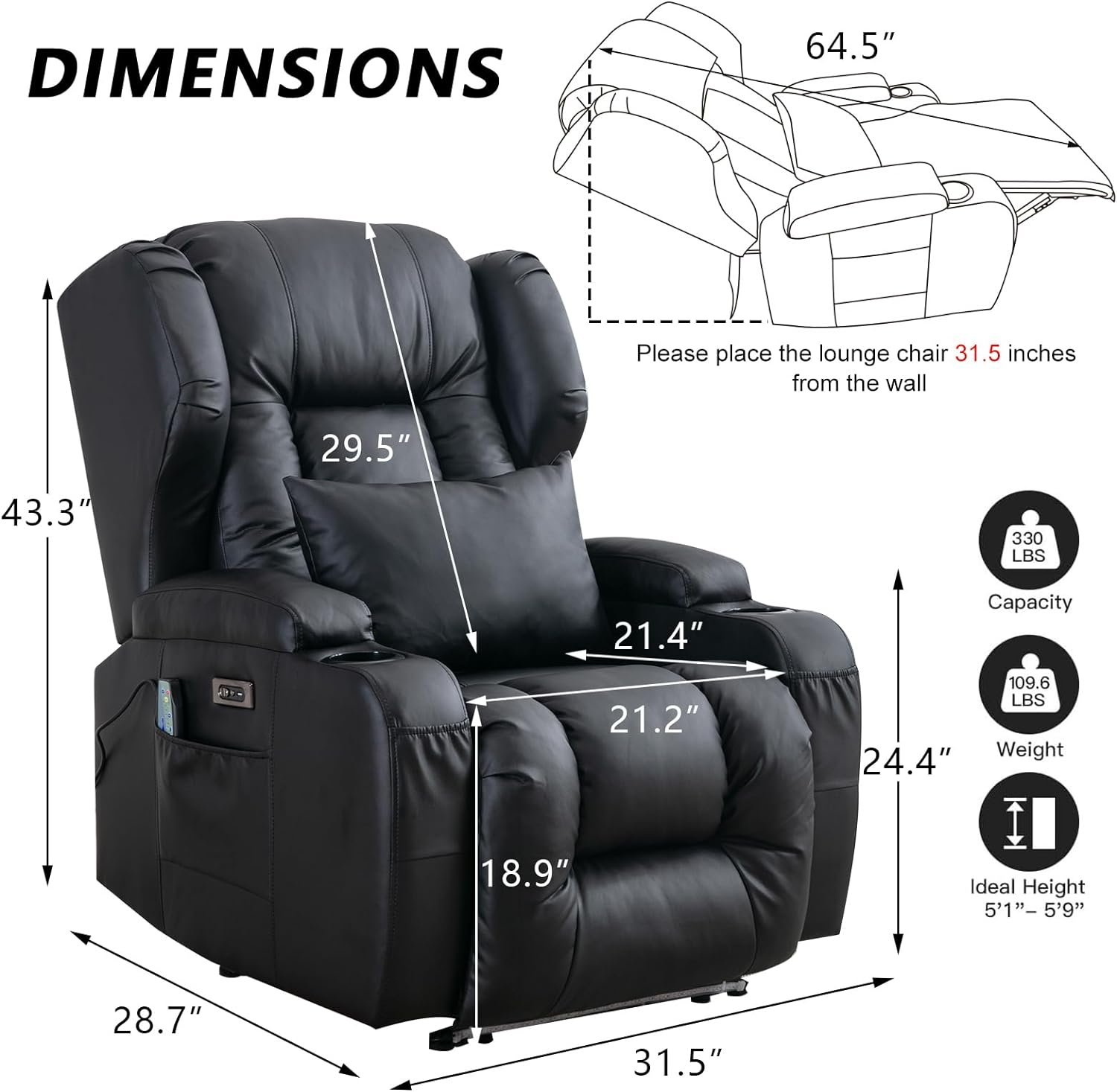 IPKIG Power Recliner Chair with LED Lights, Electric Home Theater Seating with Heated and Massage, Lumbar Pillow, Cup Holders, USB Port, Side Pockets, Movie Reclining Chairs (Black)