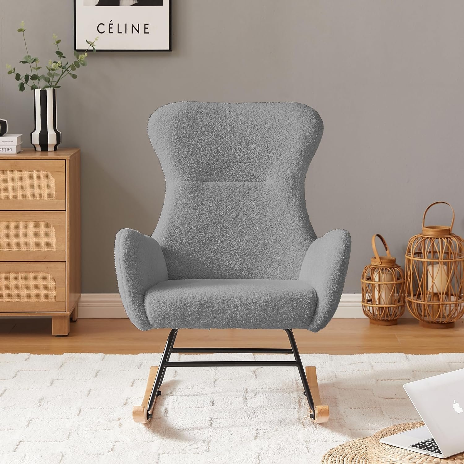 IzUga Indoor Rocking Chair,Rocking Chair Made of Metal Frame and Solid Wood Legs，Modern Minimalist and Stylish Teddy Cloth Rocking Chair Nursery，for Living Room, Baby Kids Room,Bedroom (Grey)