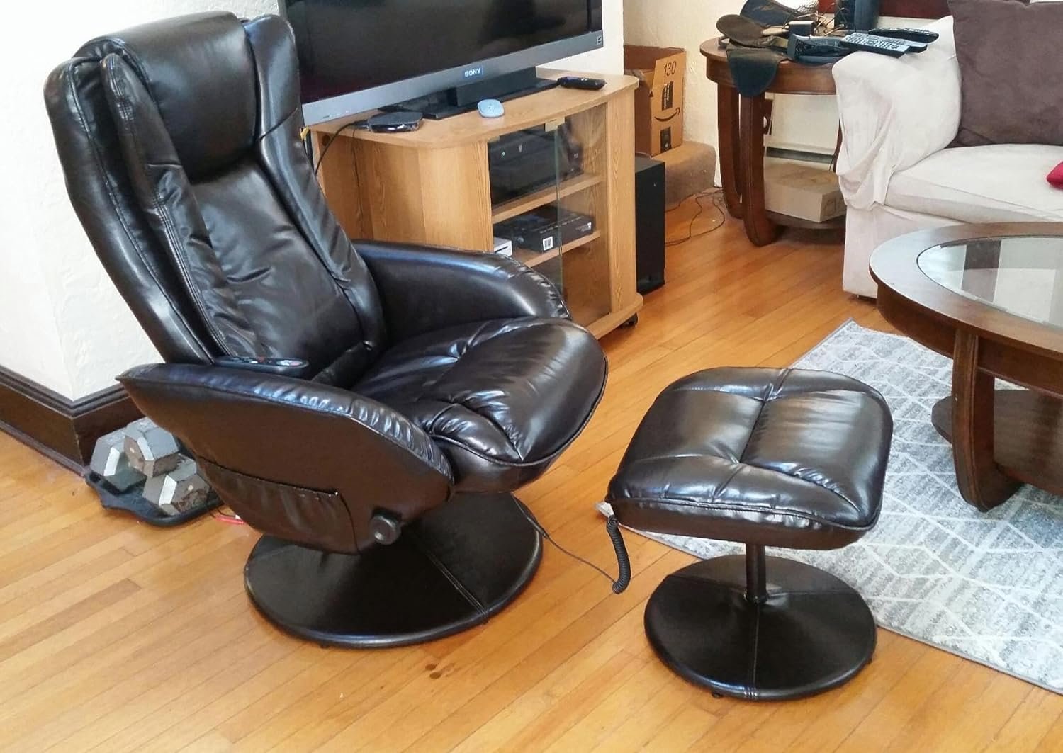 JC HOME Drammen Massaging Leather Recliner and Ottoman with Leather-Wrapped Base,Chocolate