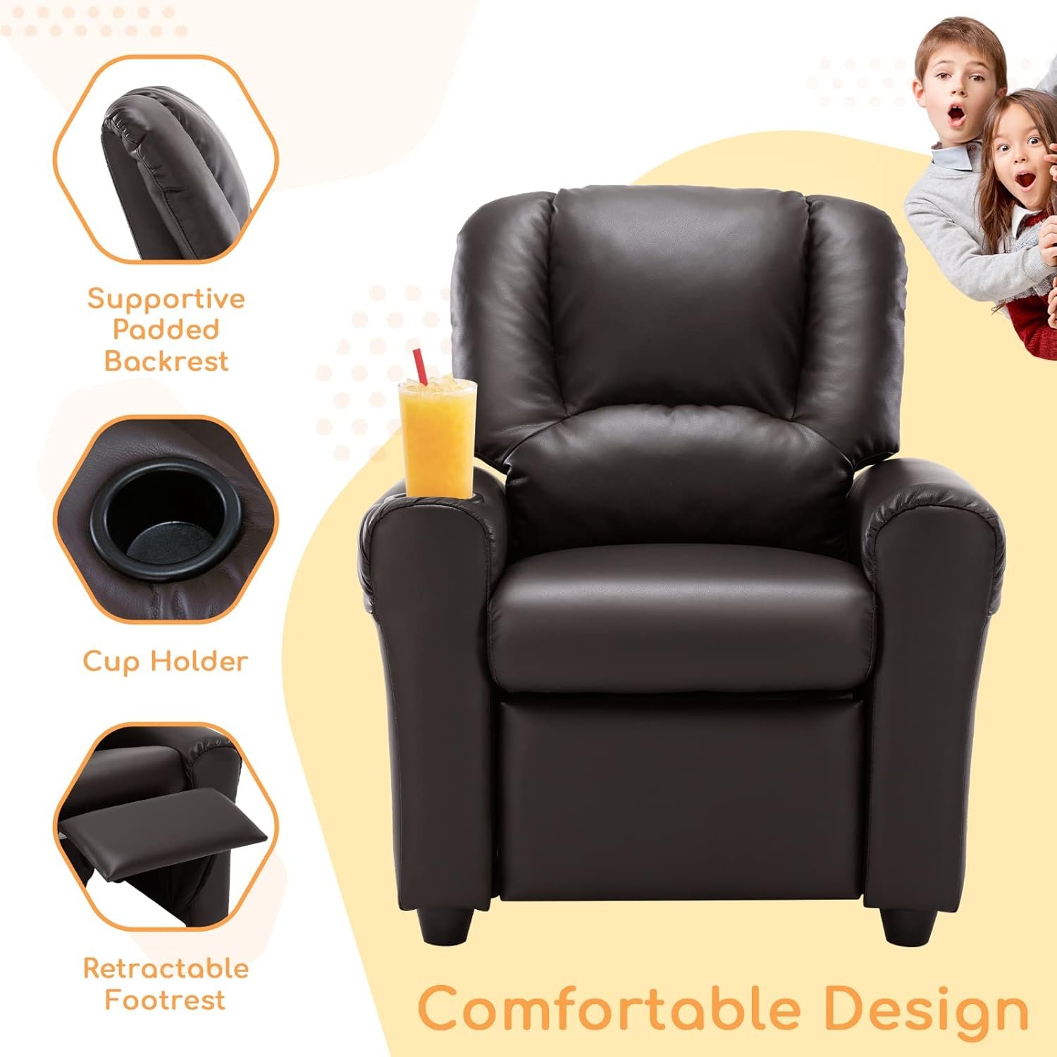 JC HOME Toddler Youth Footrest and Cup Holder Kids Recliner, Choccy