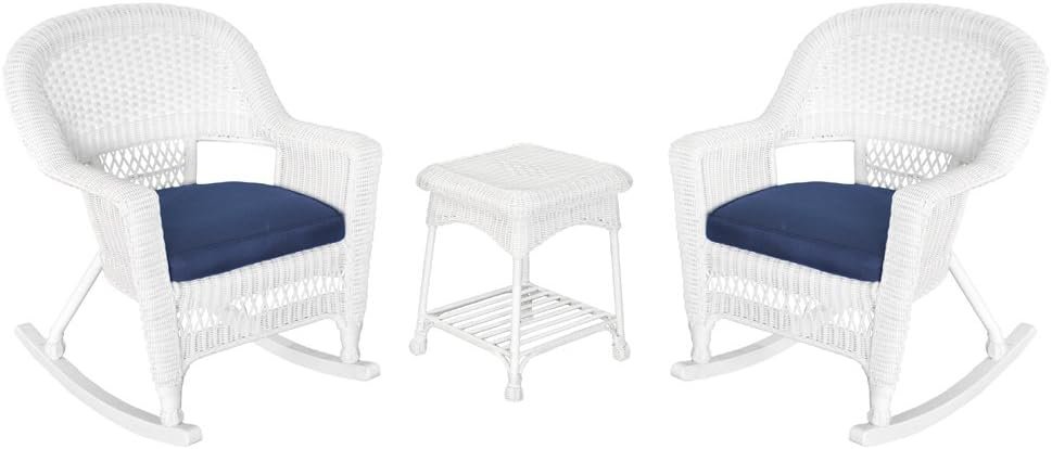 Jeco 3 Piece Rocker Wicker Chair Set With Blue Cushion, White