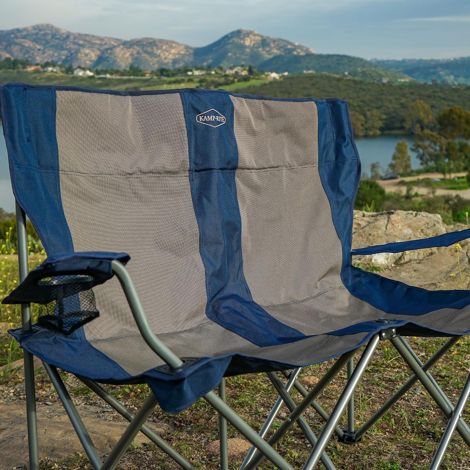 Kamp-Rite Portable 2 Person Folding Collapsible Outdoor Patio Lawn Beach Chair for Camping Gear, Tailgating,  Sports, 500 LB Capacity, 2-Tone Blue