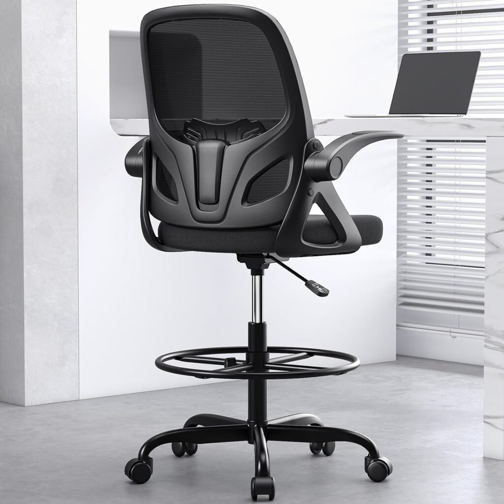 Kensaker Drafting Chair Tall Office Chair for Standing Desk, Adjustable Tall Desk Chair with Footrest Ring and Lumbar Support, Executive Ergonomic Computer Chair with Flip-up Armrests