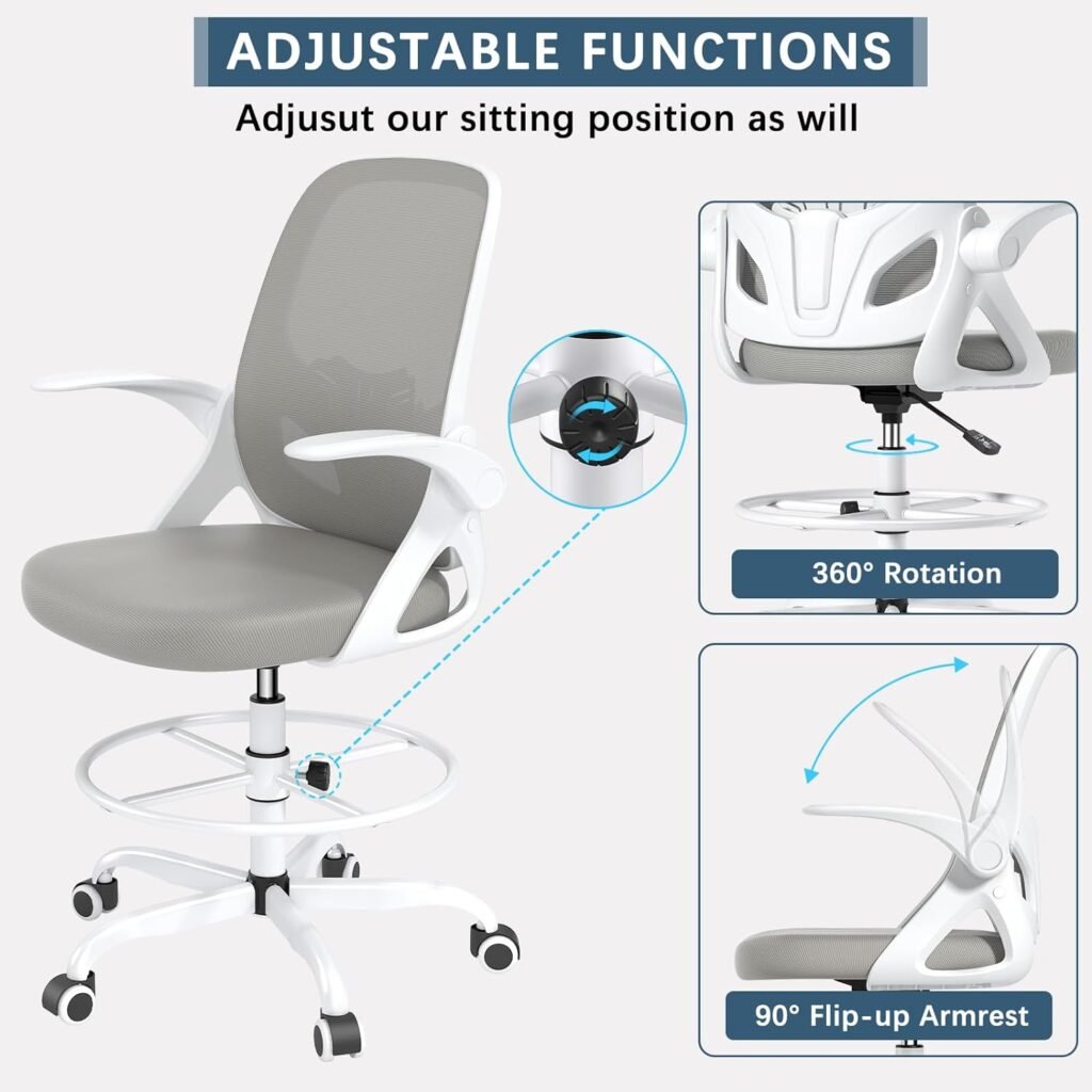 Kensaker Drafting Chair Tall Office Chair for Standing Desk, Adjustable Tall Desk Chair with Footrest Ring and Lumbar Support, Executive Ergonomic Computer Chair with Flip-up Armrests