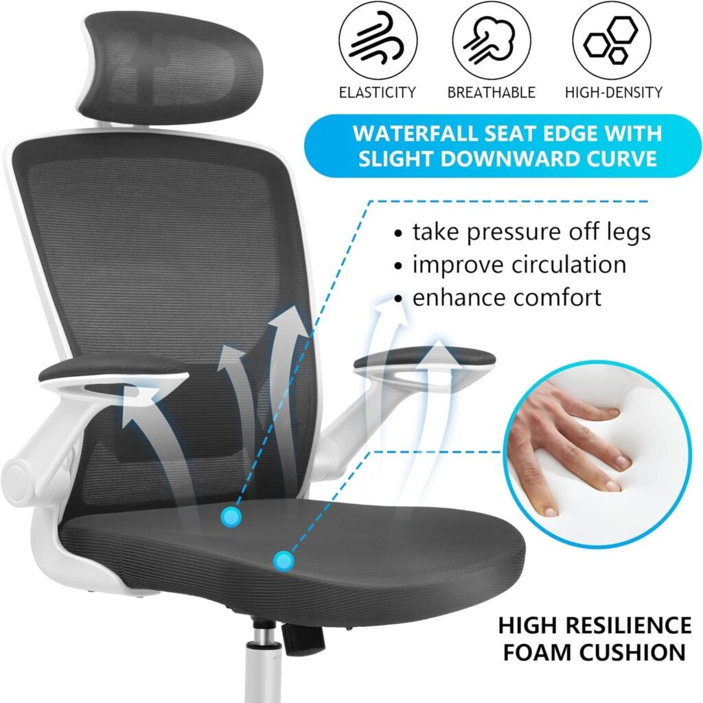 KERDOM Ergonomic Office Chair, Breathable Mesh Desk Chair, Lumbar Support Computer Chair with Headrest and Flip-up Arms, Swivel Task Chair, Adjustable Height Gaming Chair, Darkgray