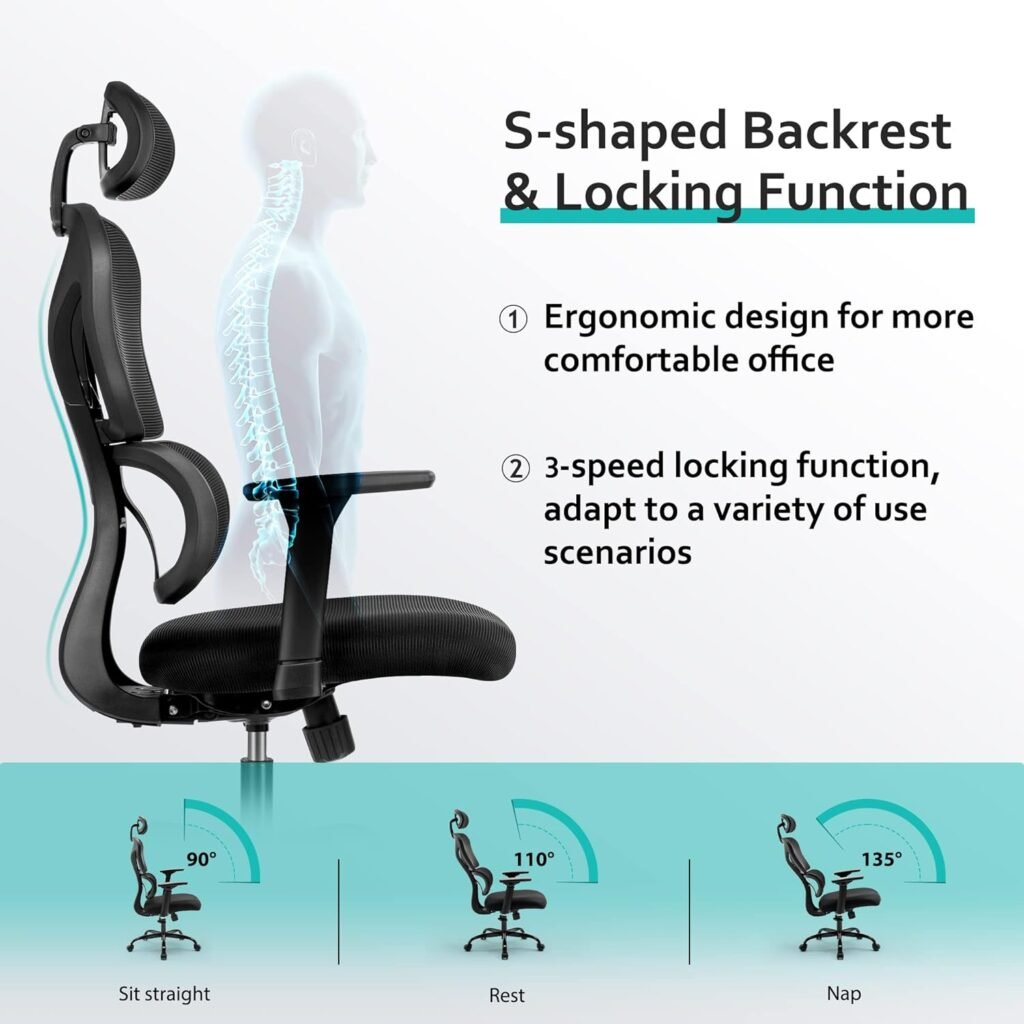 KERDOM Ergonomic Office Chair, Home Desk Chair, Comfy Breathable Mesh Task Chair, High Back Thick Cushion Computer Chair with Headrest and 3D Armrests, Adjustable Height Gaming Chair