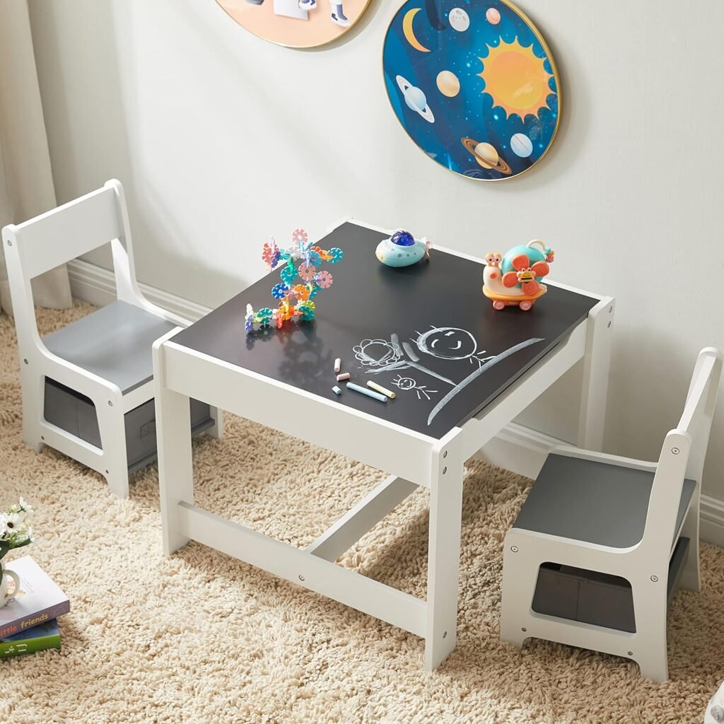 Kids Table and Chair Set, 3 in 1 Wooden Activity Table with Storage Drawer for Toddlers Drawing, Reading, Crafts, Play, 2 in 1 Detachable Tabletop Table and Chair Set for Home, Nursery, Playroom