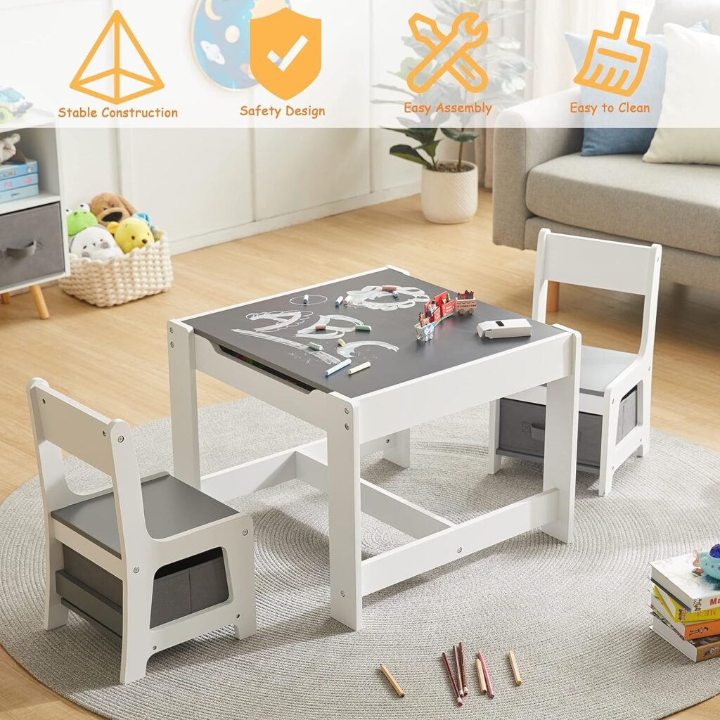 Kids Table and Chair Set, 3 in 1 Wooden Activity Table with Storage Drawer for Toddlers Drawing, Reading, Crafts, Play, 2 in 1 Detachable Tabletop Table and Chair Set for Home, Nursery, Playroom