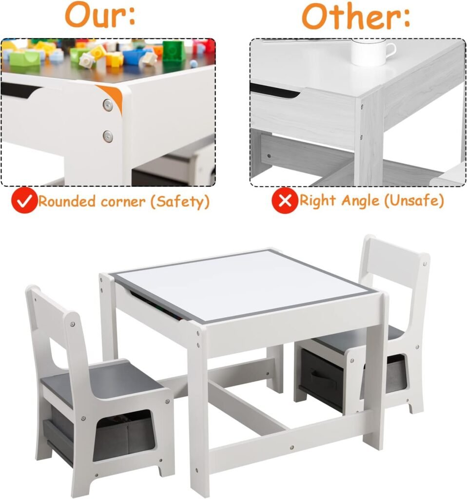 Kids Table and Chair Set, 3 in 1 Wooden Activity Table with Storage Drawer for Toddlers Drawing, Reading, Crafts, Play, 2 in 1 Detachable Tabletop Table and Chair Set for Home, Nursery, Playroom