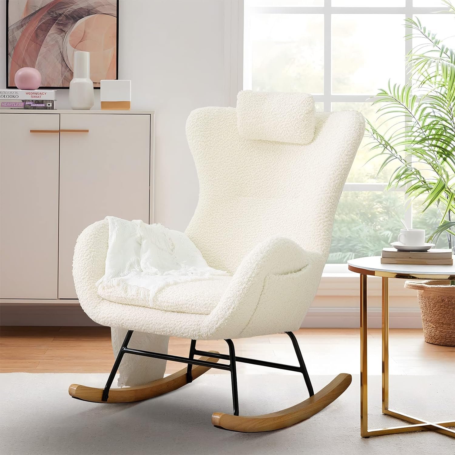 KINFFICT Accent Rocking Chair, Tufted Upholstered Glider Rocker for Nursery, Comfy Armchair with Side Pockets, Modern Lounge Arm Chair for Living Room, Bedroom (Upgraded Teddy Beige)