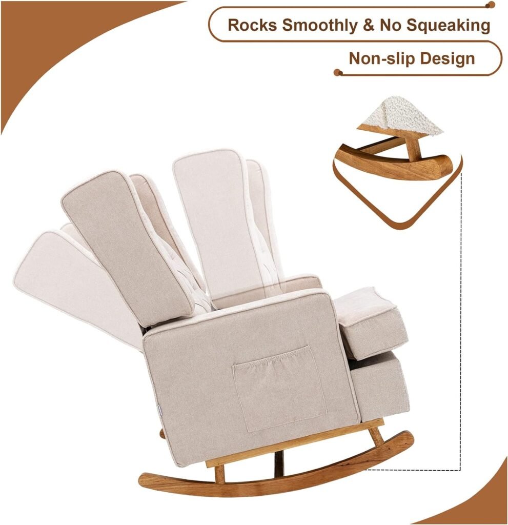 KINFFICT Upholstered Accent Rocking Chair, Mid Century Glider Rocker for Baby Nursery, Modern Wingback Armchair for Living Room, Bedroom, 300 LBS Weight Capacity, Beige