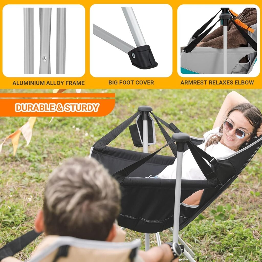 KingCamp Hammock Camping Chair, Aluminum Alloy Adjustable Back Swinging Chair, Folding Rocking Chair with Pillow Cup Holder, Recliner for Outdoor Travel Sports Games Lawn Concerts Backyard