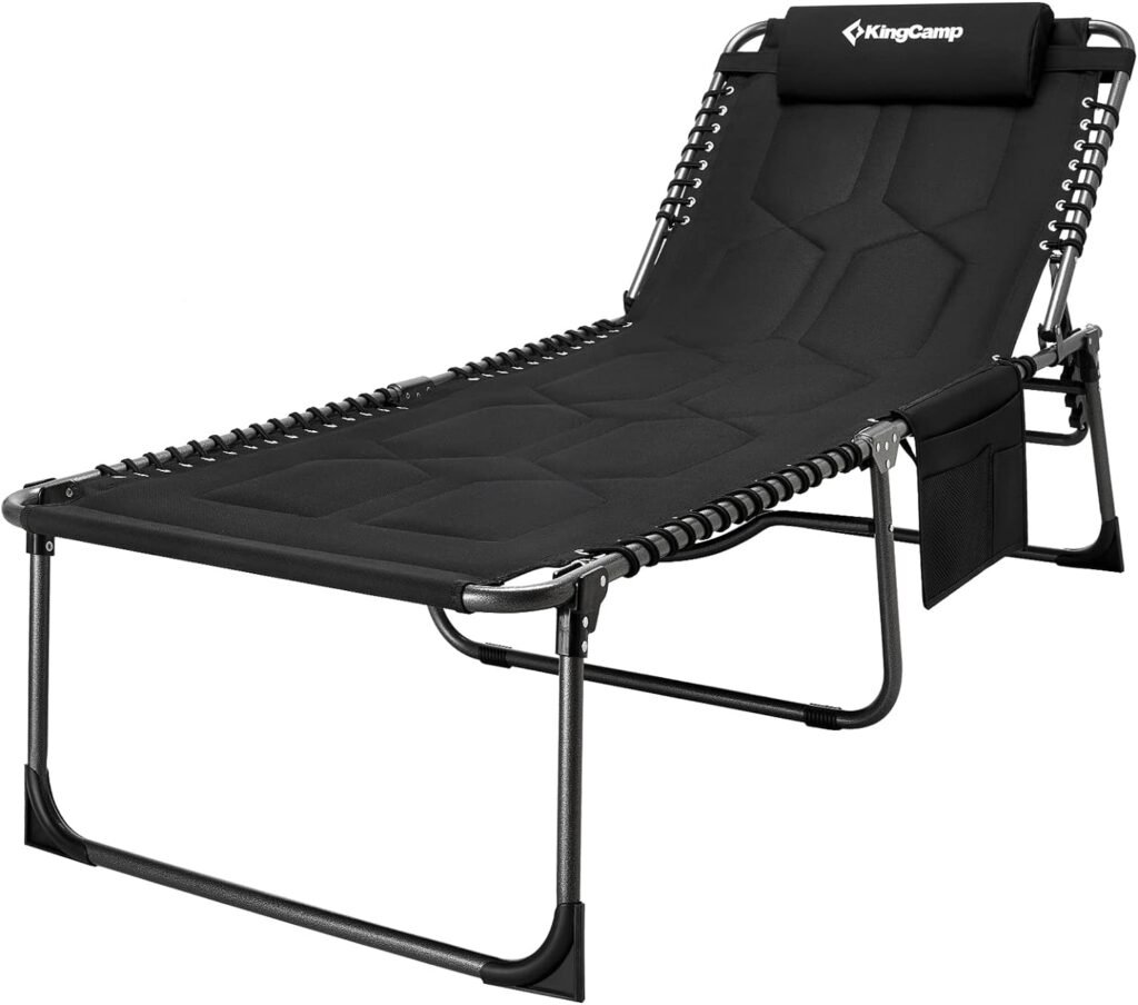 KingCamp Oversized Padded Folding Lounge Chair for Outdoor Patio Beach Lawn Pool Sunbathing Tanning, 5-Position Heavy Duty Portable Padded Camping Cot with Pillow, Support 300LBS