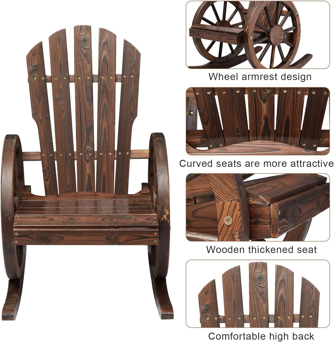 Kinsuite Outdoor Wood Wagon Rocking Chair with Wheel Armrest for Patio Garden Country Yard, Fir Wooden