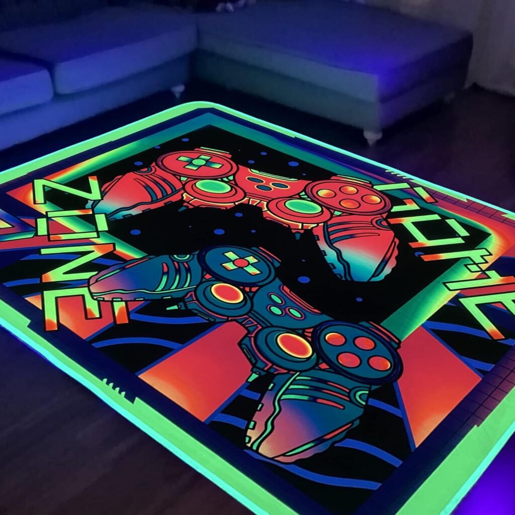 KMkicme Gaming Area Rug Blacklight for Bedroom Game Printed Carpet UV Reactive Glow in The Black Light Area Rug Playroom Large Non-Slip Area Rug Kids Boys Girls Game Room Casual Mat 60x39 Inch