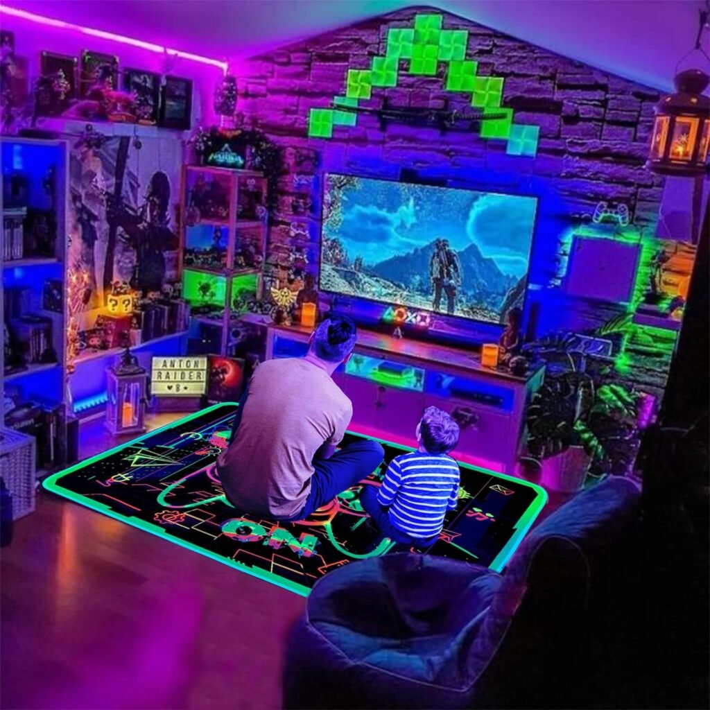 KMkicme Gaming Area Rug Blacklight for Bedroom Game Printed Carpet UV Reactive Glow in The Black Light Area Rug Playroom Large Non-Slip Area Rug Kids Boys Girls Game Room Casual Mat 60x39 Inch