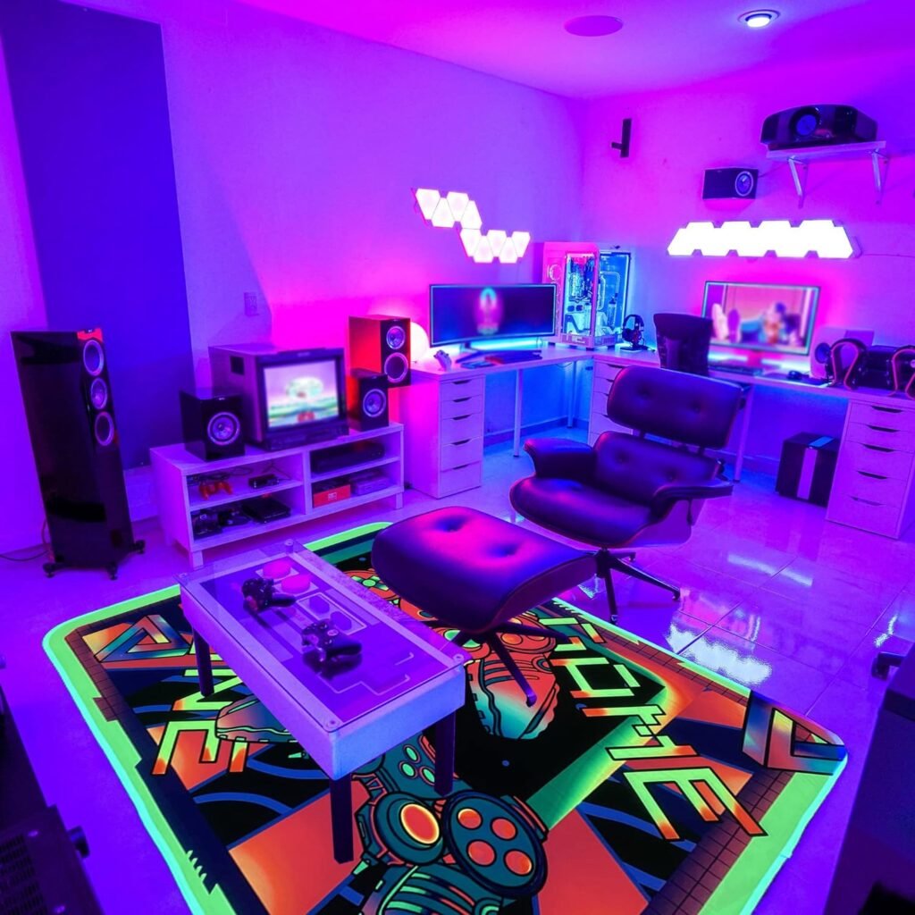 KMkicme Gaming Area Rug Blacklight for Bedroom Game Printed Carpet UV Reactive Glow in The Black Light Area Rug Playroom Large Non-Slip Area Rug Kids Boys Girls Game Room Casual Mat 60x39 Inch