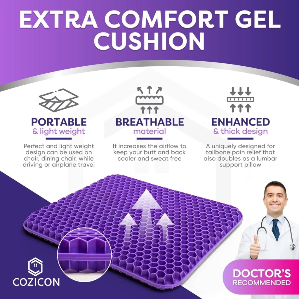 Large Purple Gel Back  Seat Cushion for Long Sitting- Car  Office Chair, Comfortable  Breathable Pad Pillow, for Hip, Coccyx, Sciatica  Tailbone Pain Relief- Gaming Chair,  Wheelchair Cushions