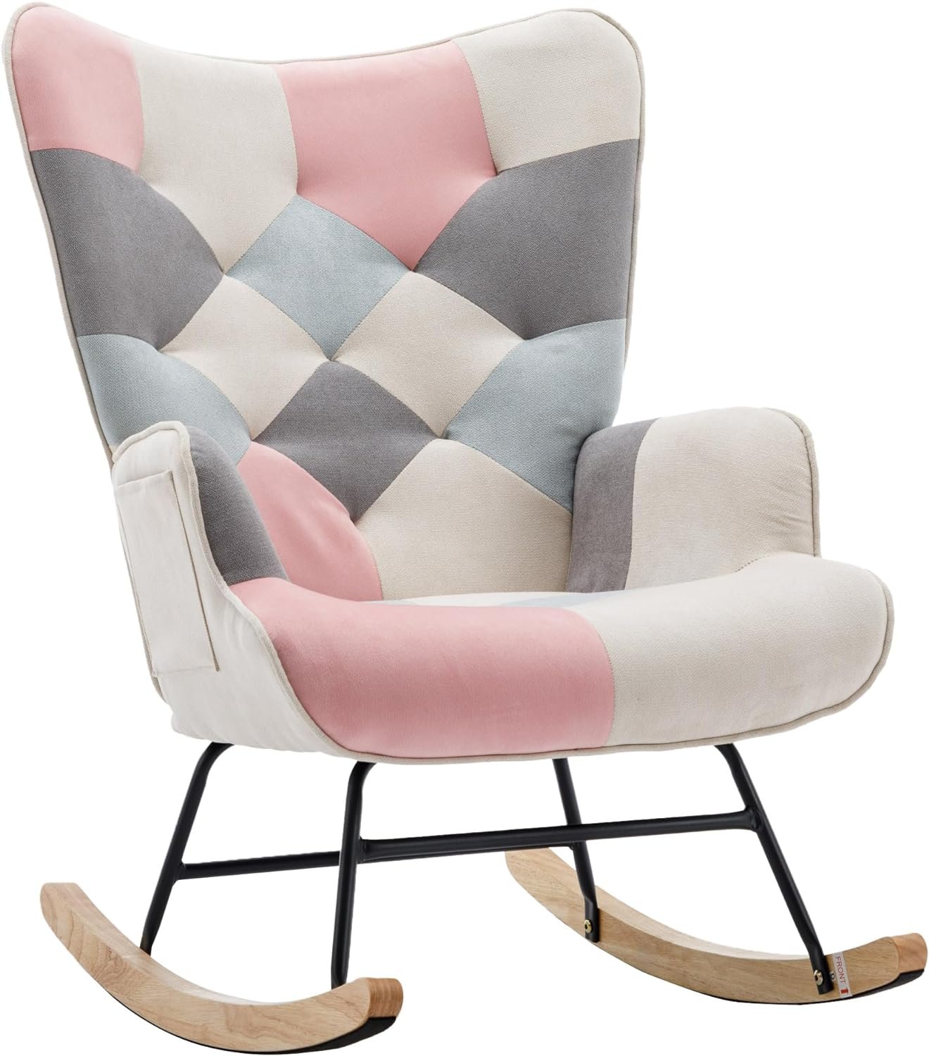 Larmliss 36.6 inch Accent Nursery Rocking for Living Room,Bedroom,Comfy Rocking Chairs with Side Pockets,Upholstered Soft Glider Chair Patchwork with Curved Wing Back  Wood Base(Pink)