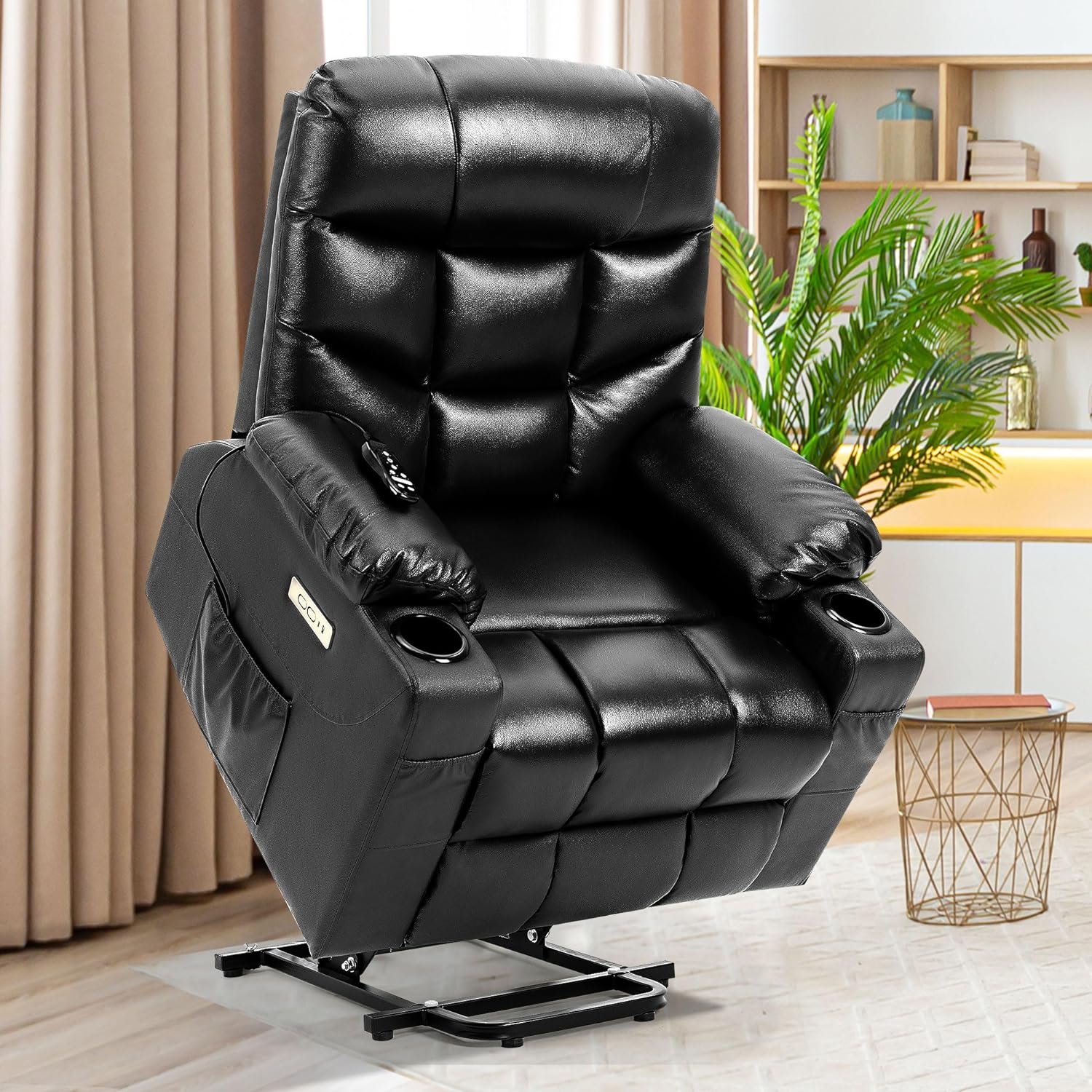 Leather Recliner Chair for Elderly, Ergonomic Power Lift Recliners with Heat and Massage, 3 Positions Single Reclining Lift Chair for Bedroom Living Room, Modern Black