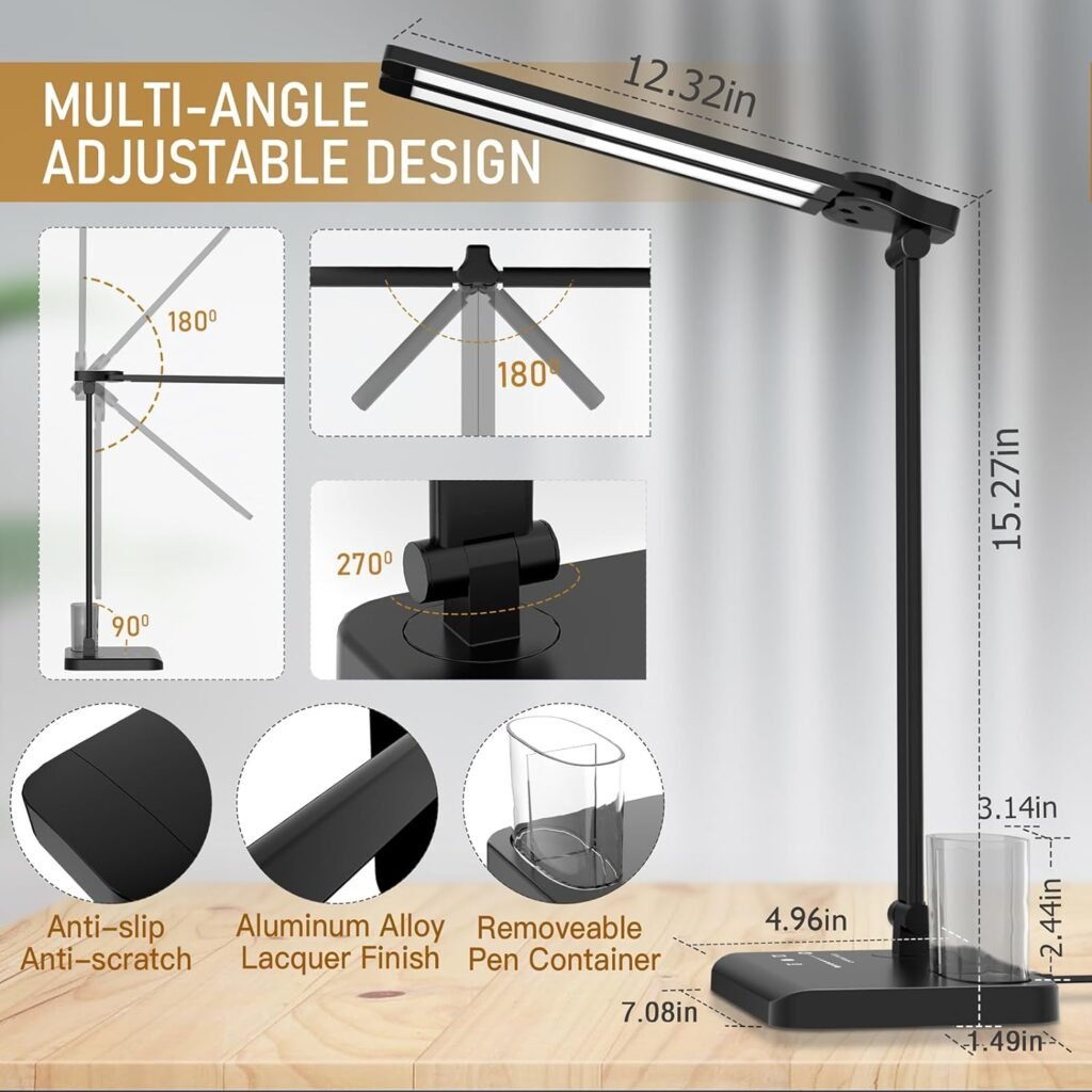 LED Desk Lamp Dimmable Table Lamp with USB Charging Port, 50 Lighting Modes, Adjustable Foldable Dual Swing Arm Architect Desk Lamp for Home Office, Eye-Caring Reading Lamp w/ Pen Holder 45min Timer - Amazon.com