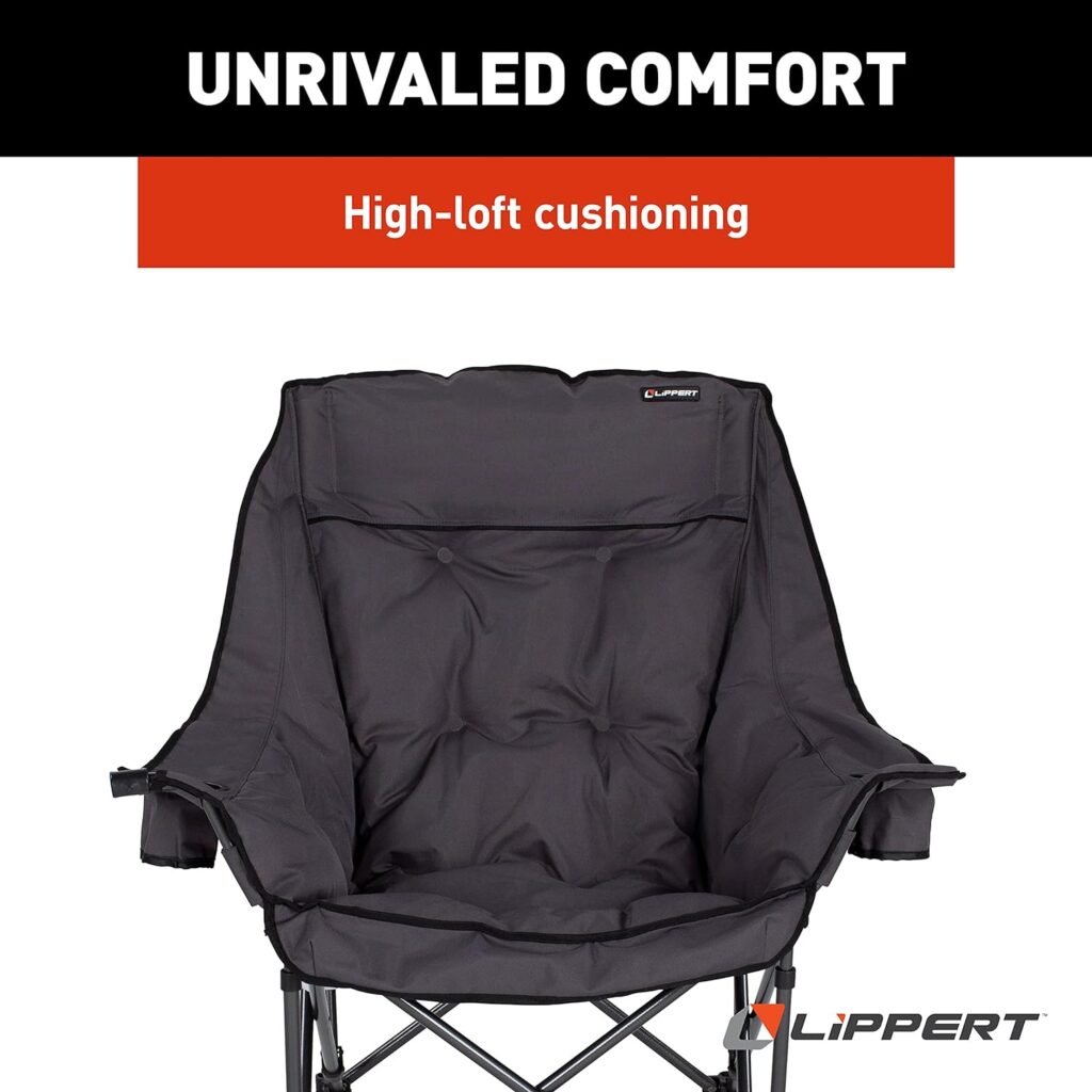 Lippert Big Bear Padded Camping Chair with 400-lb. Weight Capacity, Carry Bag, Durable Mesh Fabrics, High-Loft Cushioning, Dual Cupholders, Stemmed Wine Glass Holder (Sand) - 2021010667