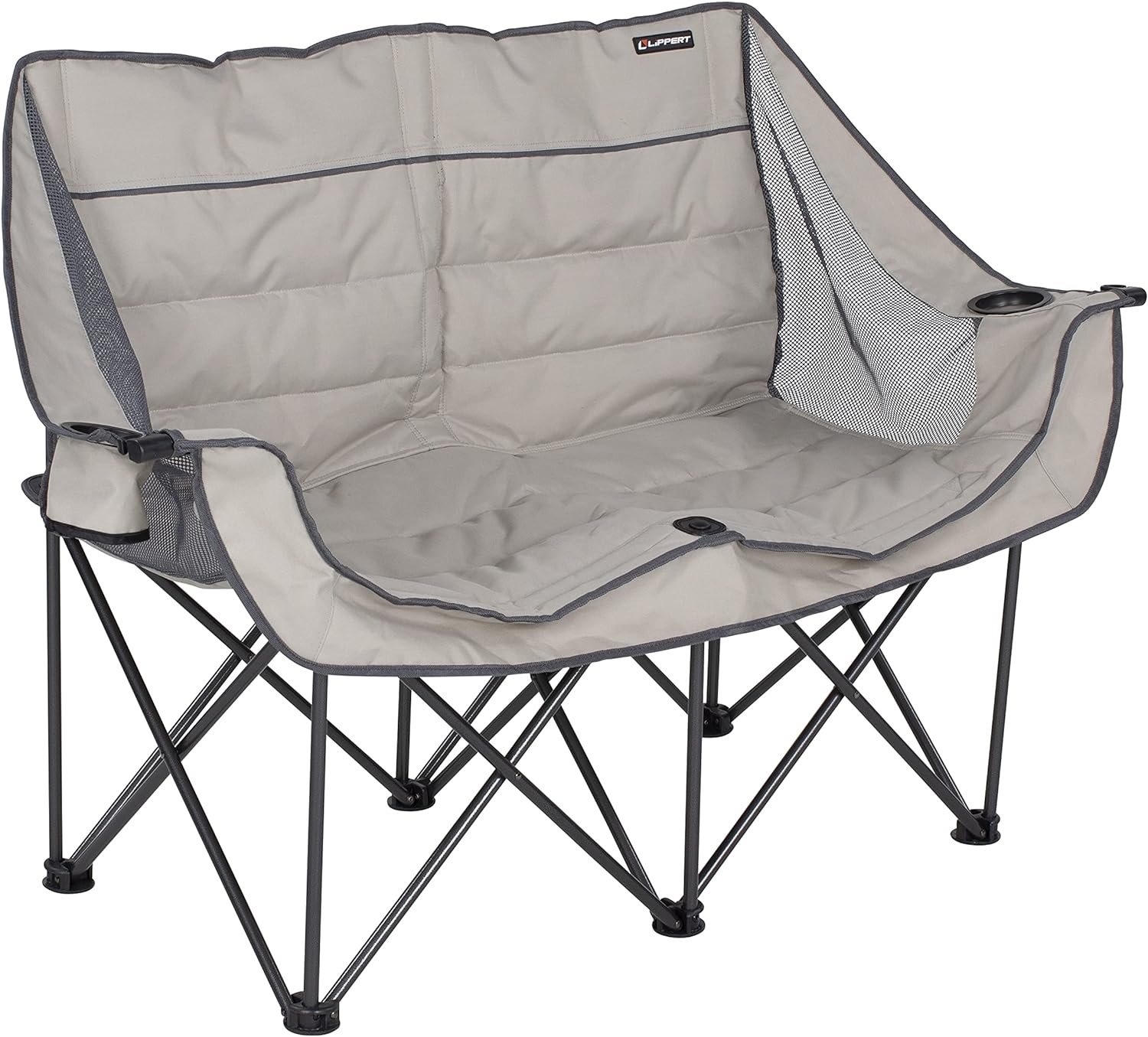 Lippert Campfire Folding Loveseat with 500-lb. Weight Capacity, Carry Bag, Durable Mesh Fabrics, High-Loft Cushioning, Storage Pocket, Dual Cupholders, Stemmed Wine Glass Holder (Sand) - 2021000205