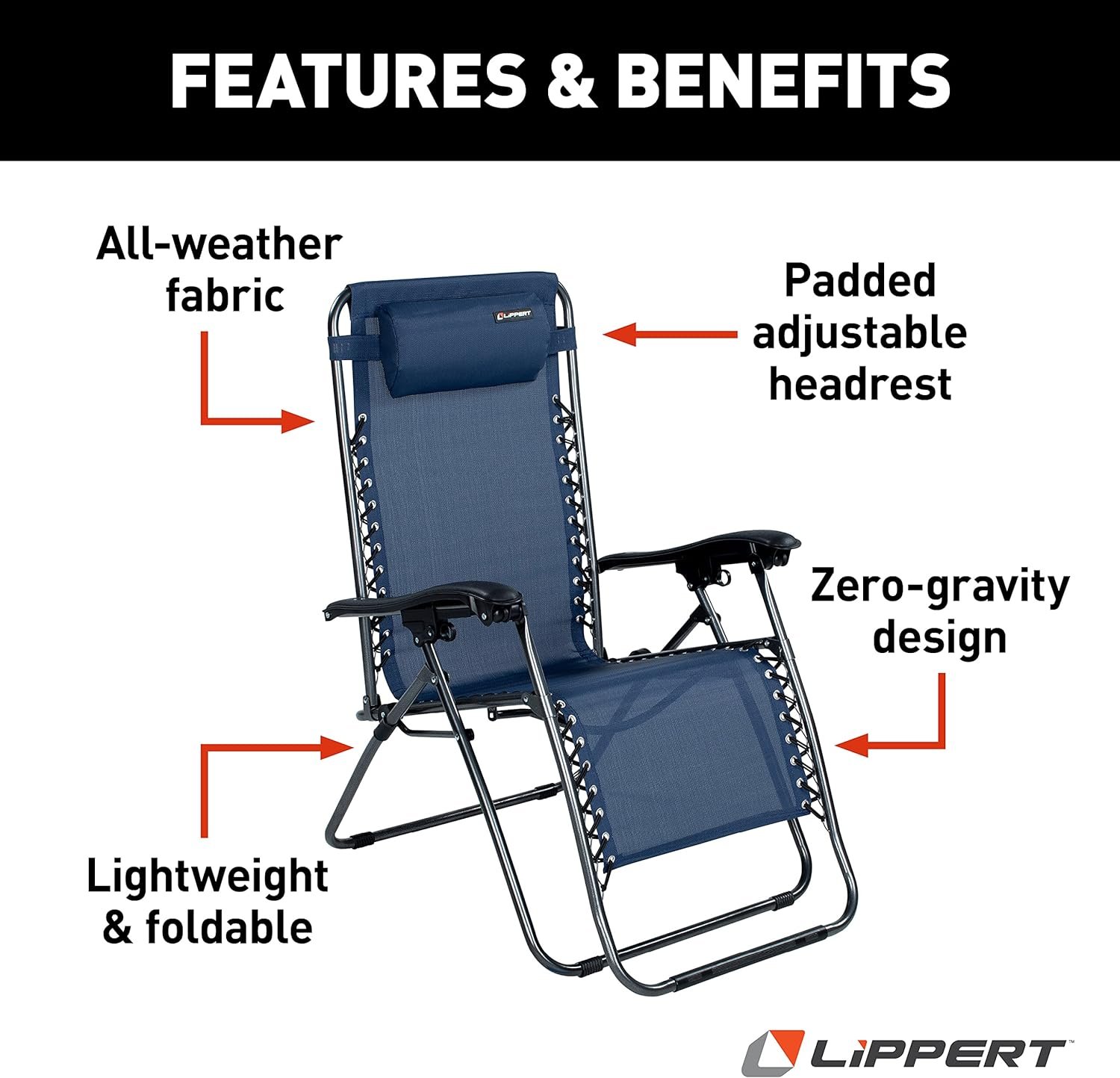 Lippert Stargazer XL Zero-Gravity Chair - Black — Breathable Mesh Fabric Reclining Chair — Weightless Comfort — Adjustable Headrest — Foldable and Portable Steel Frame — 300 lb. Capacity — 2020329669
