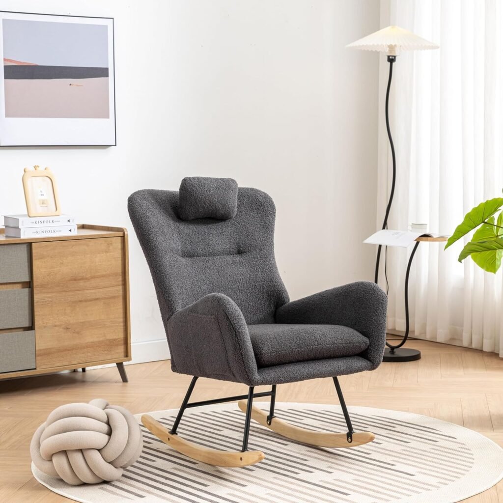 Livavege Upholstered Glider Rocker Nursing Armchair with High Backrest, PocketPillow, Modern Accent Comfy Side Nursery, Bedroom, Living Room, Teddy Rocking Chair, Grey