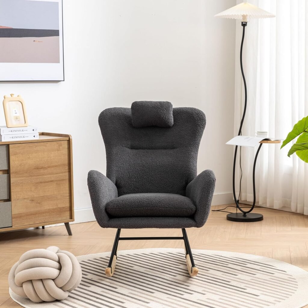 Livavege Upholstered Glider Rocker Nursing Armchair with High Backrest, PocketPillow, Modern Accent Comfy Side Nursery, Bedroom, Living Room, Teddy Rocking Chair, Grey