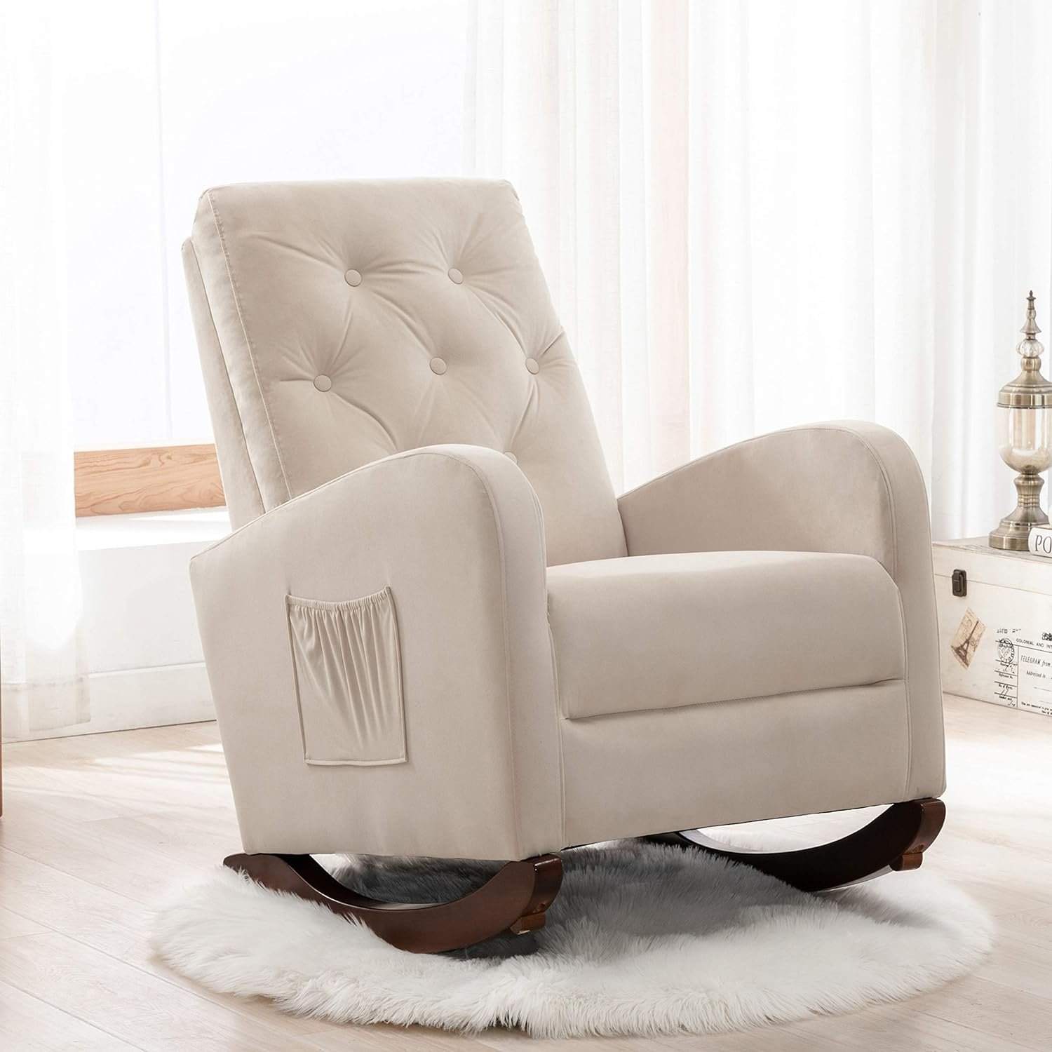 Living Room High Back Rocking Chair Nursery Chair, Comfortable Rocker Fabric Padded Seat, Modern High Back Armchair, Upholstered Rocking Chair (Beige + Velvet)