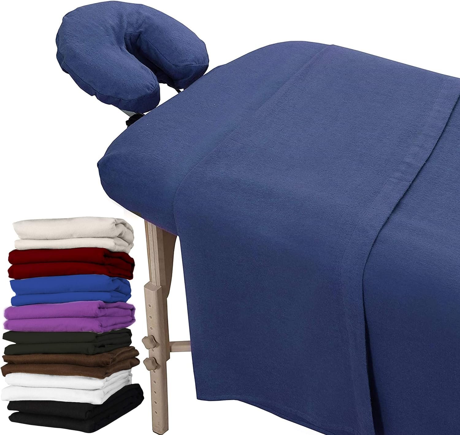 LONDON LINENS Extra Thick 3 Piece Set Massage Table Sheets Set - 100% Natural Cotton Flannel - Includes Massage Table Cover, Massage Fitted Sheet, and Massage Face Rest Cover (Blue)