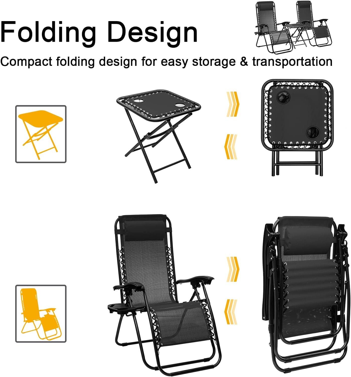 LUIBAS Zero Gravity Lawn Chair, Foldable Lounge Chairs for Outdoor Furniture, Reclining Patio Chair w/Cup Holder, Outdoor Folding Reclining Lounge Chair w/Side Table, Pack of 2, Black