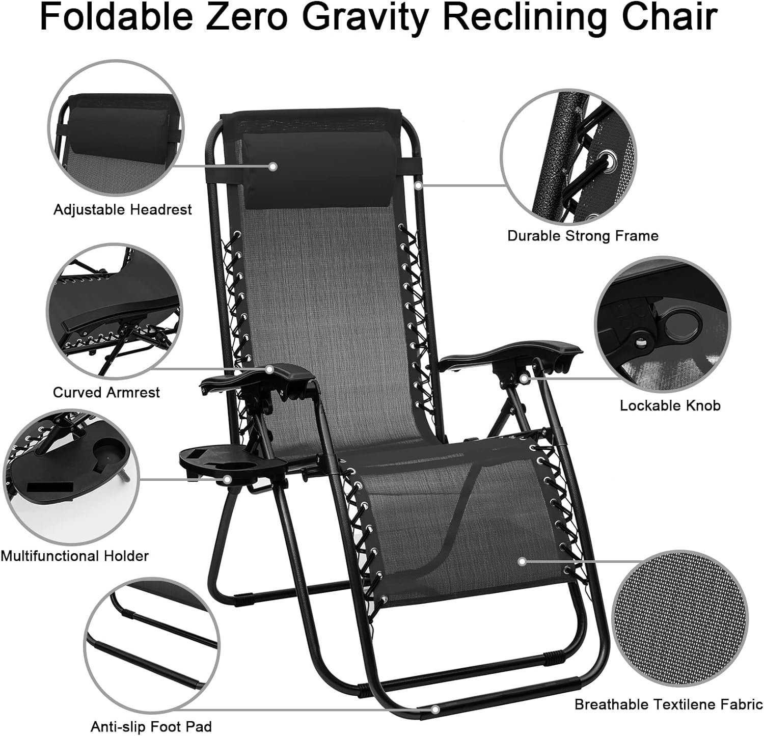LUIBAS Zero Gravity Lawn Chair, Foldable Lounge Chairs for Outdoor Furniture, Reclining Patio Chair w/Cup Holder, Outdoor Folding Reclining Lounge Chair w/Side Table, Pack of 2, Black