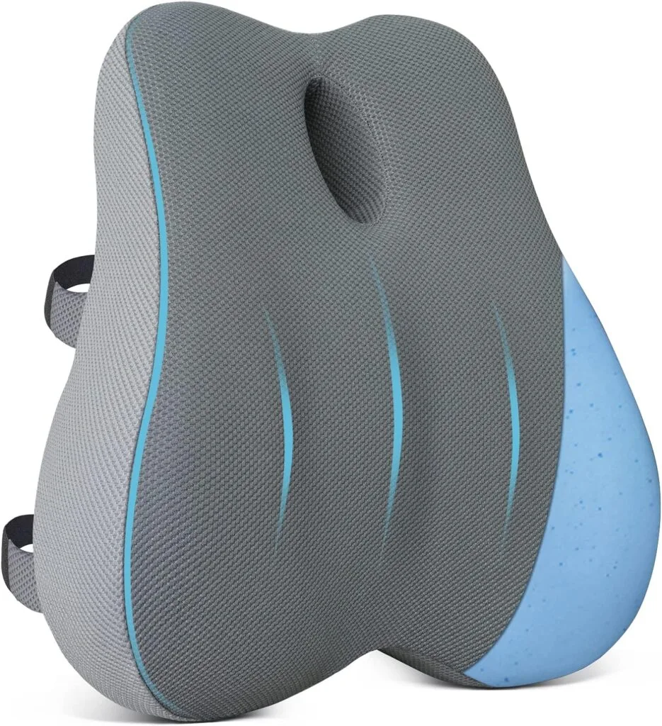 Lumbar Support Pillow for Office Chair, Cooling Memory Foam Lumbar Pillow for Back Pain Relief, Ergonomic Back Support Pillow with Dual Extension Straps for Car, Couch, Recliner, Gaming Chair, Grey