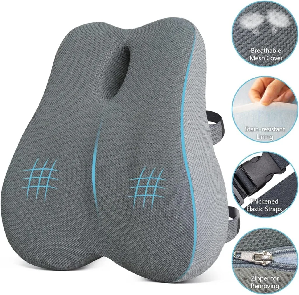 Lumbar Support Pillow for Office Chair, Cooling Memory Foam Lumbar Pillow for Back Pain Relief, Ergonomic Back Support Pillow with Dual Extension Straps for Car, Couch, Recliner, Gaming Chair, Grey