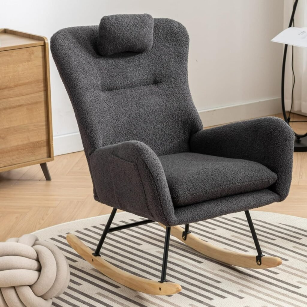 LUSPAZ Rocking Chair, Soft Teddy Velvet Fabric Rocking Chair for Nursery, Comfy Wingback Glider Rocker with Safe Solid Wood Base for Living Room Bedroom Balcony, Dark Grey