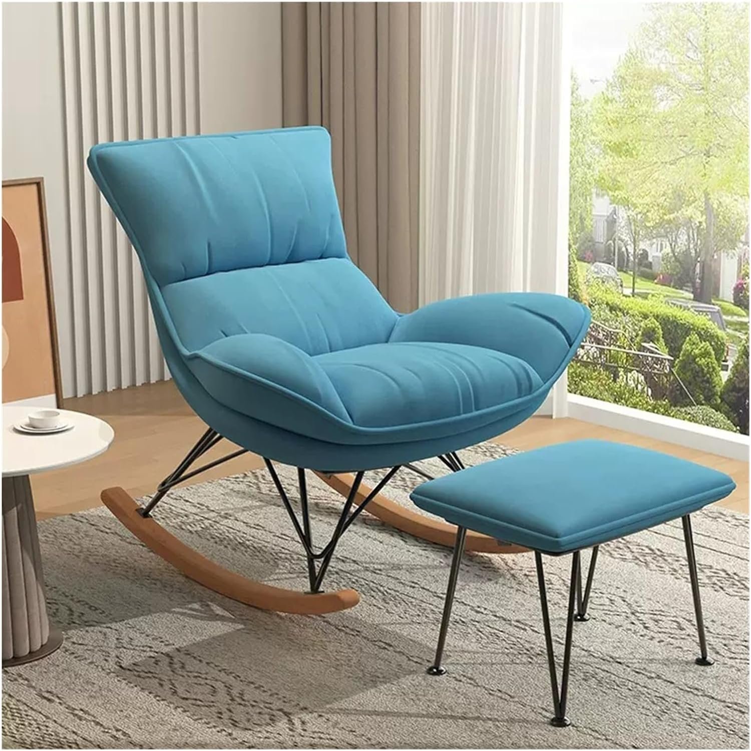 LWERTMB Velvet Rocking Chair Nursery Glider Rocker Chair Upholstered Accent Armchair with Ottoman,Comfy Wingback Baby Rocker Glider Chair for Living Room (Color : Blue)