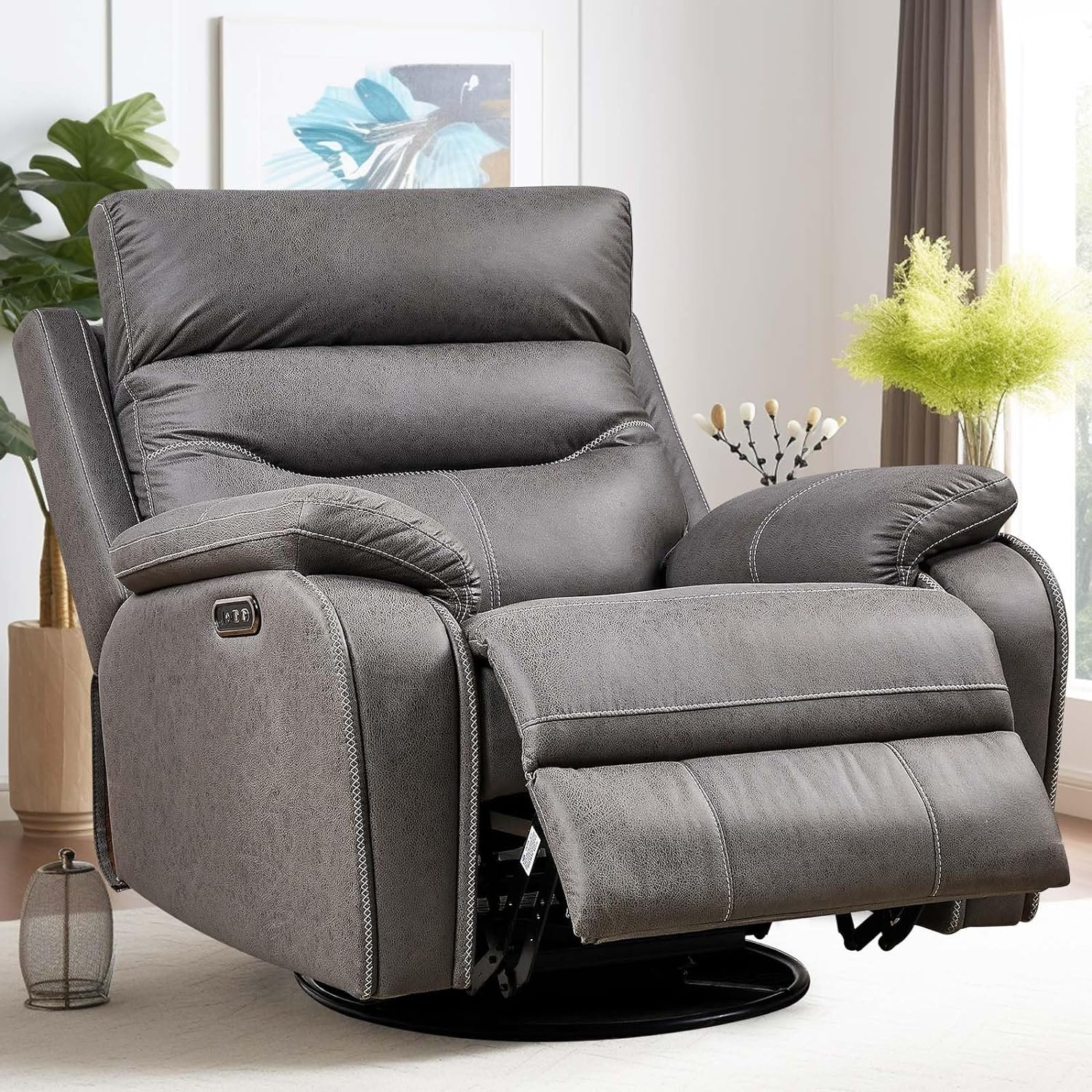 Lyromix Power Swivel Nursery Glider Recliner Chair, Electric Rocking Sofa with Adjustable Headrest  Soft Cushions, Ultimate Comfort Living Room Bedroom Rocker Armchairs, Built-in USB, Gray