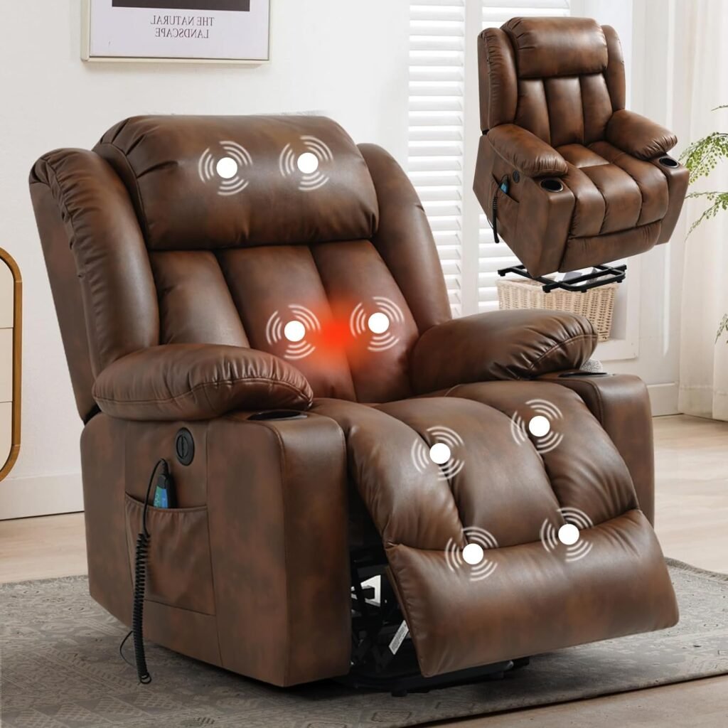 MAEVIS Lift Recliner Chair with Massage and Heat for Living Room, Overstuffed Wide Power Recliners for Elderly, Lounge Chair with 2 Cup Holders, USB Port(Ochre)