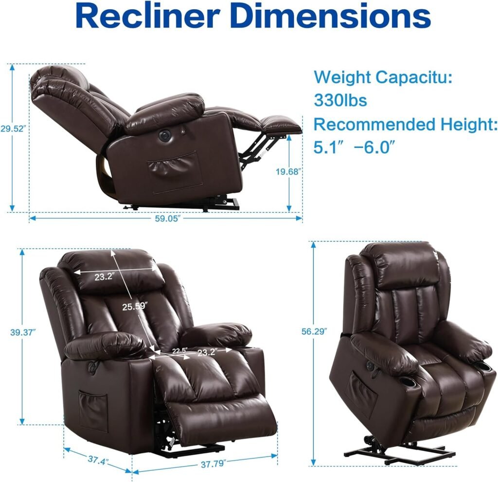 MAEVIS Lift Recliner Chair with Massage and Heat for Living Room, Overstuffed Wide Power Recliners for Elderly, Lounge Chair with 2 Cup Holders, USB Port(Ochre)